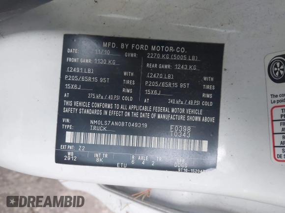 2011 Ford Transit Connect XL with VIN NM0LS7AN0BT049319, listed as a IAAI auction lot 41216122 with Not provided miles and . Bid and sale history available at DreamBid. Image 9.