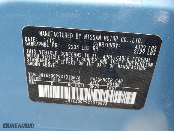 2012 Nissan LEAF SL with VIN JN1AZ0CP9CT018876, listed as a IAAI auction lot 41859587 with 57,325 mi miles. Bid and sale history available at carsss.com. Image 9.