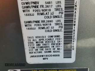 2008 Infiniti FX with VIN JNRAS08W18X204669, listed as a Copart auction lot 50875125 with 179,900 mi miles and Salvage title. Bid and sale history available at DreamBid. Image 13.