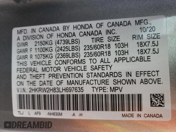 2020 Honda CR-V EX-L with VIN 2HKRW2H83LH697635, listed as a Copart auction lot 53041732 with 20,475 mi miles. Bid and sale history available at carsss.com. Image 10.