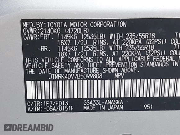 2011 Toyota RAV4 Sport with VIN JTMRK4DV7B5099808, listed as a IAAI auction lot 41955282 with 177,431 mi miles. Bid and sale history available at carsss.com. Image 9.
