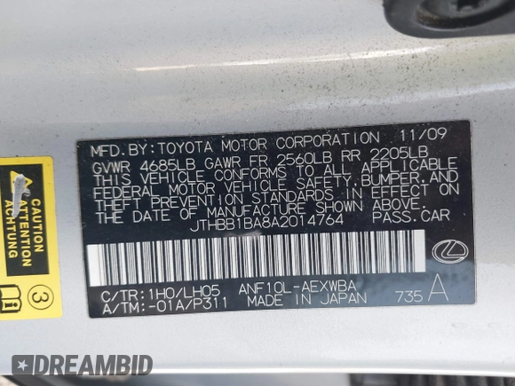 2010 Lexus HS 250h with VIN JTHBB1BA8A2014764, listed as a IAAI auction lot 41685788 with 356,543 mi miles and . Bid and sale history available at DreamBid. Image 9.