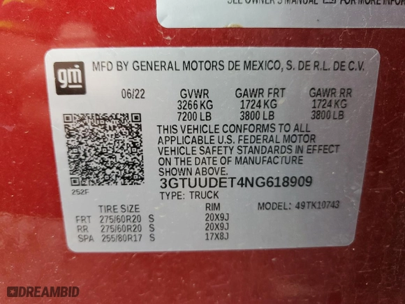 2022 GMC Sierra 1500 SLT with VIN 3GTUUDET4NG618909, listed as a Copart auction lot 67024034 with 26,389 mi miles and Salvage Title. Bid and sale history available at carsss.com. Image 12.