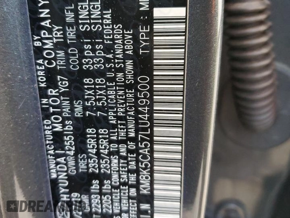 2020 Hyundai Kona Ultimate with VIN KM8K5CA57LU449500, listed as a Copart auction lot 68497752 with 10,106 mi miles. Bid and sale history available at carsss.com. Image 12.