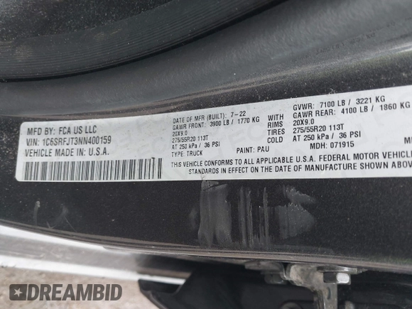 2022 Ram 1500 Laramie with VIN 1C6SRFJT3NN400159, listed as a IAAI auction lot 42167812 with 16,790 mi miles and . Bid and sale history available at DreamBid. Image 9.