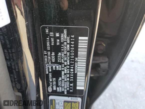 2016 Kia Optima SX Turbo with VIN 5XXGW4L21GG064414, listed as a Copart auction lot 88522155 with 106,023 mi miles and Salvage Title. Bid and sale history available at carsss.com. Image 14.