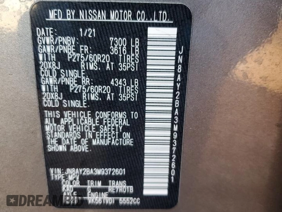 2021 Nissan Armada SL with VIN JN8AY2BA3M9372601, listed as a Copart auction lot 45874415 with 96,302 mi miles and Salvage Title. Bid and sale history available at carsss.com. Image 15.