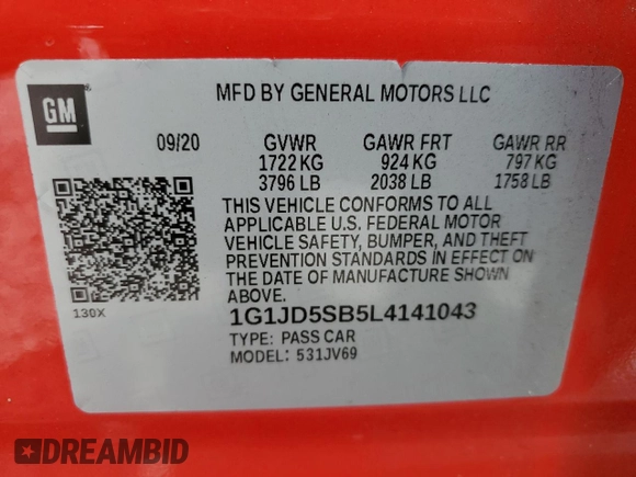 2020 Chevrolet Sonic LT with VIN 1G1JD5SB5L4141043, listed as a Copart auction lot 58984375 with 16,105 mi miles and Non repairable. Bid and sale history available at DreamBid. Image 13.