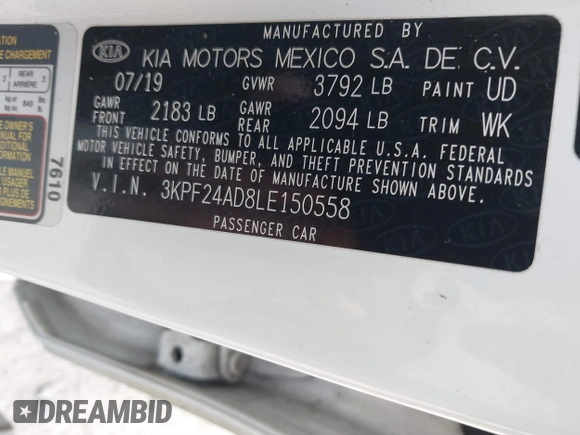 2020 Kia Forte LXS with VIN 3KPF24AD8LE150558, listed as a IAAI auction lot 41389156 with 141,682 mi miles. Bid and sale history available at carsss.com. Image 9.