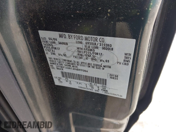 2004 Ford F-150 XL with VIN 1FTRF14W14NB97084, listed as a IAAI auction lot 42243709 with Not provided miles and . Bid and sale history available at DreamBid. Image 9.