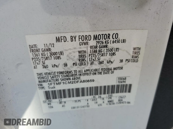 2013 Ford F-150 XL with VIN 1FTMF1CM2DFA80859, listed as a Copart auction lot 51670165 with 57,671 mi miles and Salvage title. Bid and sale history available at DreamBid. Image 14.