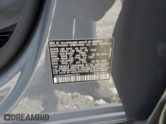2021 Volkswagen Atlas SE with VIN 1V2JC2CA6MC227031, listed as a Copart auction lot 56779895 with 36,179 mi miles and Salvage title. Bid and sale history available at DreamBid. Image 13.