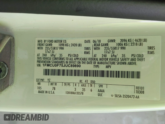 2018 Ford Escape S with VIN 1FMCU0F75JUC89890, listed as a IAAI auction lot 42475253 with 104,500 mi miles and . Bid and sale history available at DreamBid. Image 9.