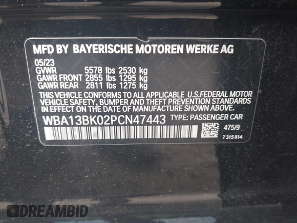 2023 BMW 5 Series M550i xDrive with VIN WBA13BK02PCN47443, listed as a IAAI auction lot 42290388 with Not provided miles and . Bid and sale history available at DreamBid. Image 9.