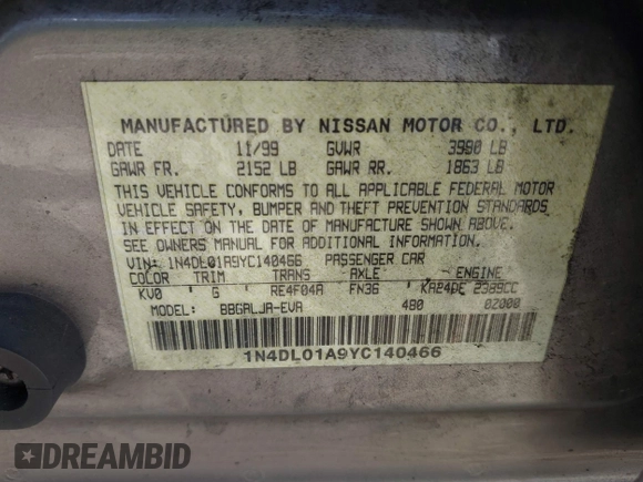 2000 Nissan Altima GXE with VIN 1N4DL01A9YC140466, listed as a IAAI auction lot 41605677 with 127,066 mi miles. Bid and sale history available at carsss.com. Image 9.