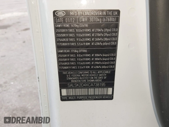 2012 Land Rover Range Rover Sport HSE Lux with VIN SALSK2D4XCA738195, listed as a IAAI auction lot 42134739 with 101,102 mi miles and . Bid and sale history available at DreamBid. Image 9.
