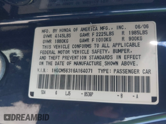 2006 Honda Accord LX SE with VIN 1HGCM56316A164071, listed as a IAAI auction lot 42687267 with 332,755 mi miles and . Bid and sale history available at DreamBid. Image 9.