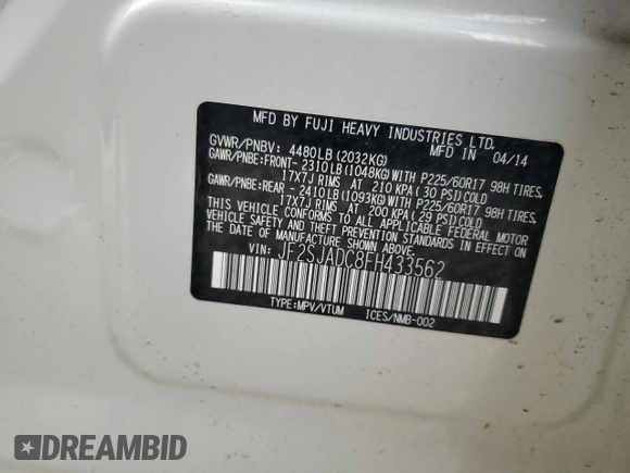 2015 Subaru Forester 2.5i Premium with VIN JF2SJADC8FH433562, listed as a Copart auction lot 52596375 with 58,703 mi miles and Clean Title. Bid and sale history available at carsss.com. Image 14.