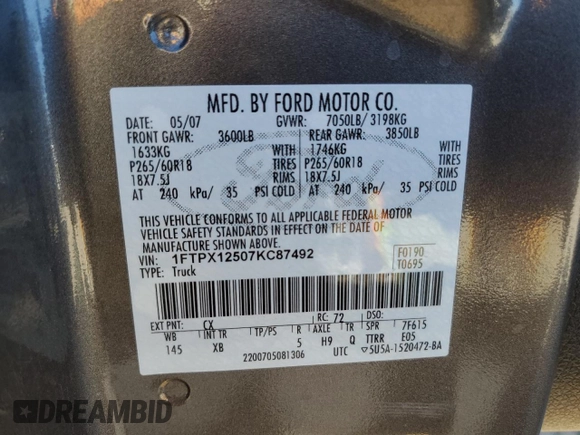 2007 Ford F-150 XLT with VIN 1FTPX12507KC87492, listed as a Copart auction lot 69324874 with 116,644 mi miles and Salvage Title. Bid and sale history available at carsss.com. Image 12.