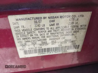 2007 Nissan Altima 2.5 with VIN 1N4AL21E17N491988, listed as a IAAI auction lot 41755020 with 248,640 mi miles. Bid and sale history available at carsss.com. Image 9.