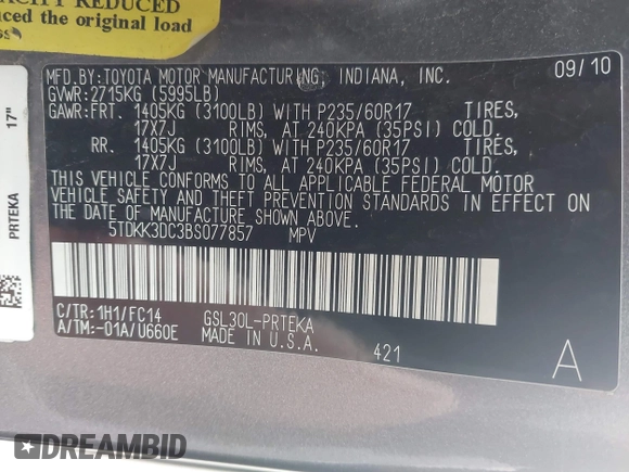 2011 Toyota Sienna LE AAS with VIN 5TDKK3DC3BS077857, listed as a IAAI auction lot 42099175 with 283,777 mi miles and . Bid and sale history available at DreamBid. Image 9.