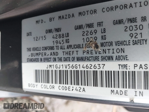 2016 Mazda Mazda6 i Touring with VIN JM1GJ1V56G1462637, listed as a IAAI auction lot 41603296 with 143,931 mi miles. Bid and sale history available at carsss.com. Image 9.