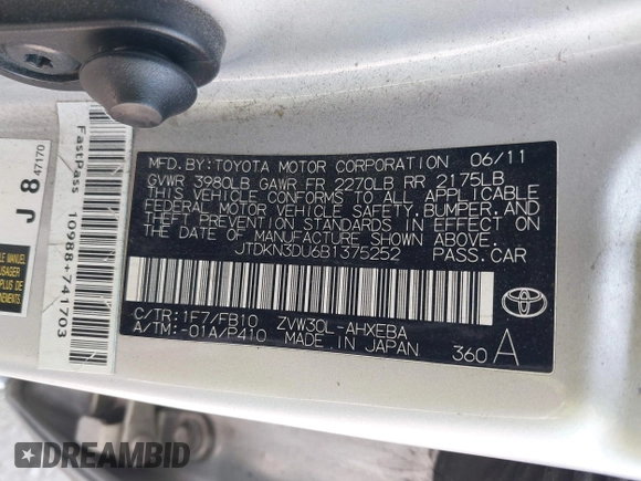 2011 Toyota Prius I z VIN JTDKN3DU6B1375252, wystawiony jako IAAI lot #42180634 z przebiegiem 132 325 mil mil oraz . Historia ofert i sprzedaży dostępna na DreamBid. Obrazek 9.