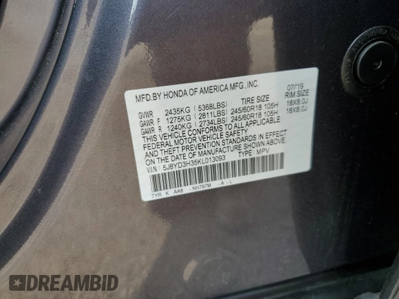 2019 Acura MDX with VIN 5J8YD3H35KL013093, listed as a Copart auction lot 59222654 with 61,311 mi miles and Salvage Title. Bid and sale history available at carsss.com. Image 14.