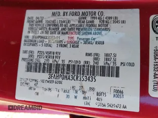 2012 Ford Fusion SE with VIN 3FAHP0HA3CR353435, listed as a IAAI auction lot 41934664 with 85,625 mi miles. Bid and sale history available at carsss.com. Image 9.