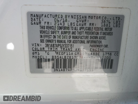 2018 Nissan Sentra S with VIN 3N1AB7AP9JY337151, listed as a Copart auction lot 52870135 with 144,845 mi miles and Salvage Title. Bid and sale history available at carsss.com. Image 13.