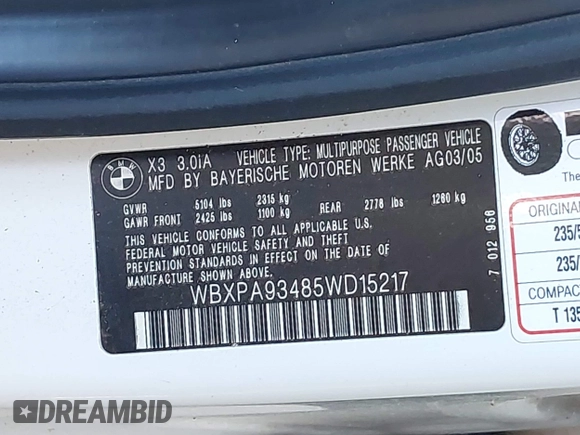 2005 BMW X3 3.0i with VIN WBXPA93485WD15217, listed as a IAAI auction lot 41624638 with 152,182 mi miles. Bid and sale history available at carsss.com. Image 9.