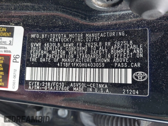 2017 Toyota Camry XLE z VIN 4T1BF1FK0HU403059, wystawiony jako IAAI lot #42112842 z przebiegiem 99 782 mil mil oraz . Historia ofert i sprzedaży dostępna na DreamBid. Obrazek 9.