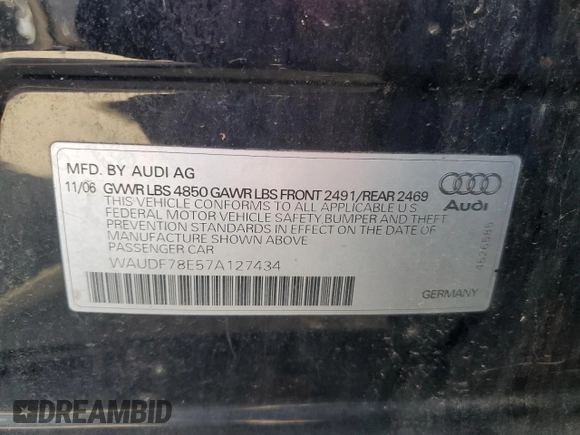 2007 Audi A4 2.0T with VIN WAUDF78E57A127434, listed as a Copart auction lot 61790355 with 203,514 mi miles and Salvage title. Bid and sale history available at DreamBid. Image 12.