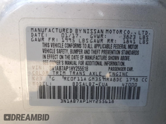 2017 Nissan Sentra SR z VIN 3N1AB7AP1HY255618, wystawiony jako Copart lot #50246455 z przebiegiem 76 594 mil mil oraz Szkoda całkowita • Salvage title. Historia ofert i sprzedaży dostępna na DreamBid. Obrazek 12.