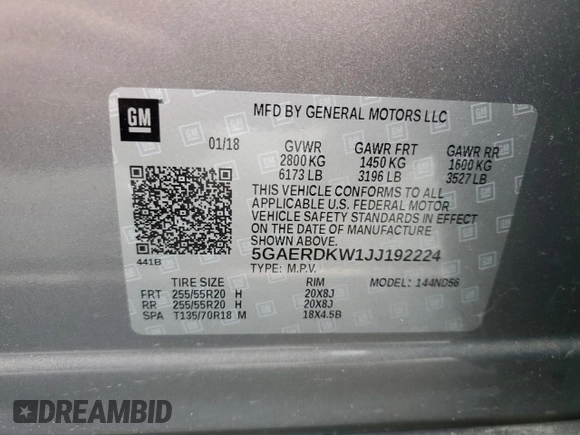 2018 Buick Enclave Avenir with VIN 5GAERDKW1JJ192224, listed as a Copart auction lot 79218544 with 121,313 mi miles and Salvage Title. Bid and sale history available at DreamBid. Image 14.