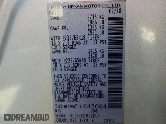 2018 Nissan Pathfinder Platinum with VIN 5N1DR2MM7JC642064, listed as a Copart auction lot 64602024 with Not provided miles and Salvage title. Bid and sale history available at DreamBid. Image 13.