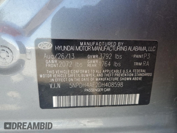2013 Hyundai Elantra GLS z VIN 5NPDH4AE2DH408598, wystawiony jako Copart lot #56076665 z przebiegiem 136 305 mil mil oraz Szkoda całkowita • Salvage title. Historia ofert i sprzedaży dostępna na DreamBid. Obrazek 12.
