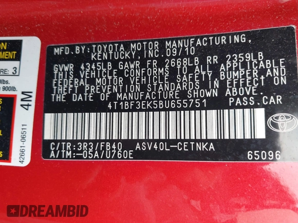 2011 Toyota Camry LE with VIN 4T1BF3EK5BU655751, listed as a IAAI auction lot 42092012 with 271,876 mi miles and . Bid and sale history available at DreamBid. Image 9.