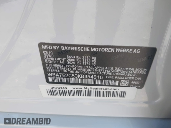 2019 BMW 7 Series 740i with VIN WBA7E2C53KB454816, listed as a IAAI auction lot 42539294 with 73,363 mi miles and . Bid and sale history available at DreamBid. Image 9.