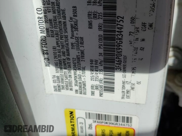 2016 Ford Fusion Titanium with VIN 3FA6P0K99GR344752, listed as a Copart auction lot 48514365 with 161,926 mi miles and Salvage Title. Bid and sale history available at carsss.com. Image 12.