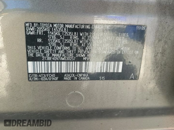 2010 Toyota RAV4 with VIN 2T3BF4DV7AW030257, listed as a Copart auction lot 50324475 with 219,953 mi miles and Salvage Title. Bid and sale history available at carsss.com. Image 13.