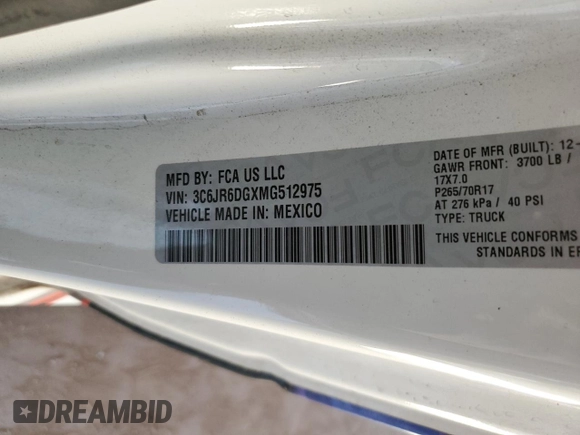 2021 Ram 1500 Tradesman with VIN 3C6JR6DGXMG512975, listed as a Copart auction lot 47954095 with 127,118 mi miles and Salvage title. Bid and sale history available at DreamBid. Image 12.