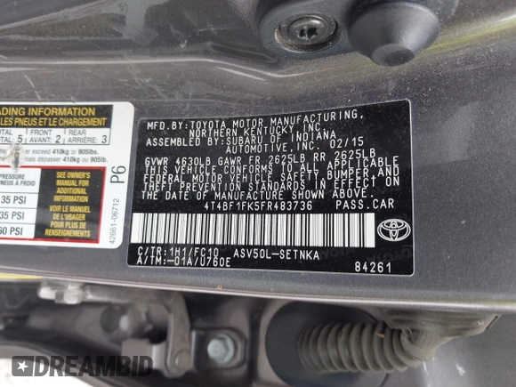 2015 Toyota Camry XLE with VIN 4T4BF1FK5FR483736, listed as a IAAI auction lot 41933106 with 104,468 mi miles. Bid and sale history available at carsss.com. Image 9.