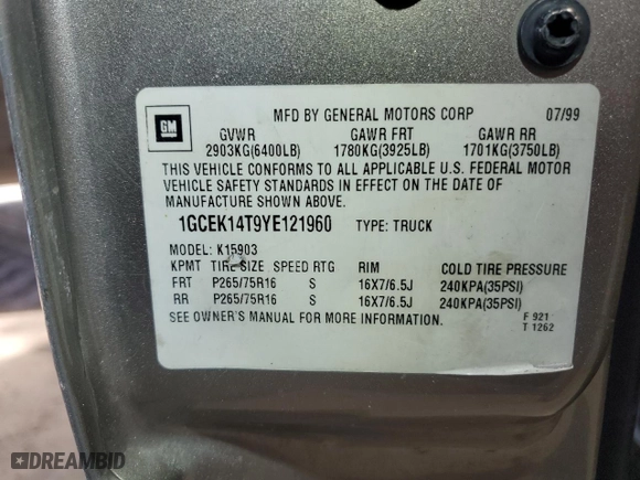 2000 Chevrolet Silverado 1500 LS with VIN 1GCEK14T9YE121960, listed as a Copart auction lot 88673705 with 253,655 mi miles and Salvage Title. Bid and sale history available at carsss.com. Image 13.
