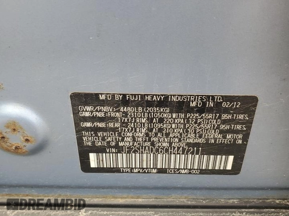 2012 Subaru Forester X Premium с VIN JF2SHADC6CH447211, выставлен на аукционе Copart как лот 58177405 с пробегом 171 190 миль миль и Списание • Salvage title. История ставок и продаж доступна на DreamBid. Изображение 14.
