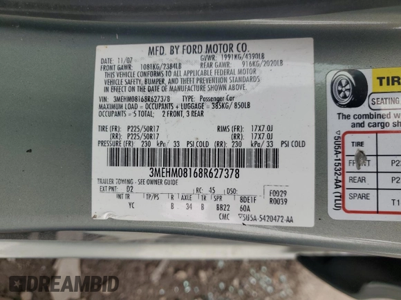 2008 Mercury Milan Premier with VIN 3MEHM08168R627378, listed as a Copart auction lot 59751325 with 102,795 mi miles and Salvage title. Bid and sale history available at DreamBid. Image 12.