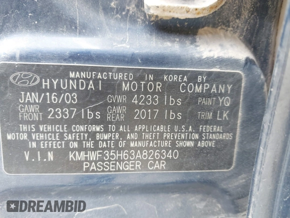 2003 Hyundai Sonata GLS with VIN KMHWF35H63A826340, listed as a IAAI auction lot 41884050 with 204,874 mi miles. Bid and sale history available at carsss.com. Image 9.