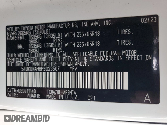 2023 Toyota Highlander L with VIN 5TDKDRAH8PS023507, listed as a Copart auction lot 58684065 with 50,294 mi miles and Salvage title. Bid and sale history available at DreamBid. Image 14.