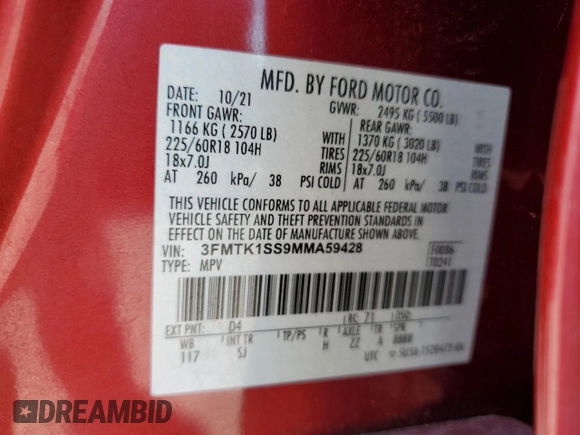 2021 Ford Mustang Mach-E Select with VIN 3FMTK1SS9MMA59428, listed as a Copart auction lot 58368865 with 46,718 mi miles and Salvage title. Bid and sale history available at DreamBid. Image 13.