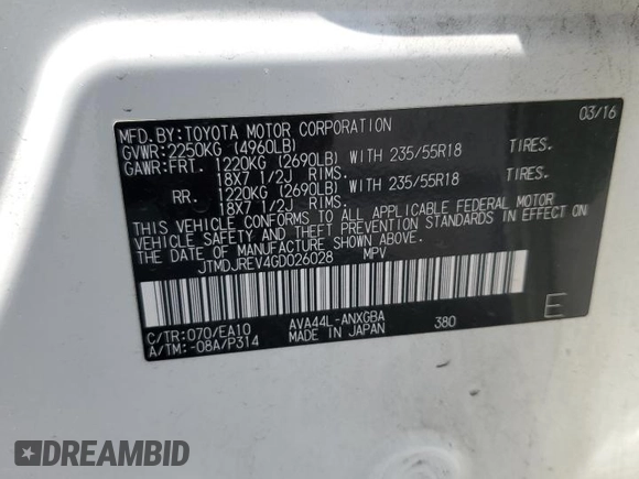 2016 Toyota RAV4 Limited with VIN JTMDJREV4GD026028, listed as a Copart auction lot 63848635 with 90,104 mi miles and Salvage title. Bid and sale history available at DreamBid. Image 14.